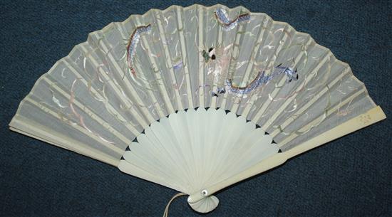 Two Chinese cased fans, 19th century, 20.5cm, both with gilt decorated black lacquer boxes